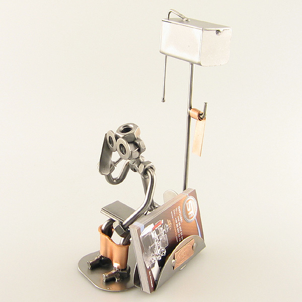 Steelman sitting in the Restroom holding a Mobile Phone metal art figurine with a Business Card Holder