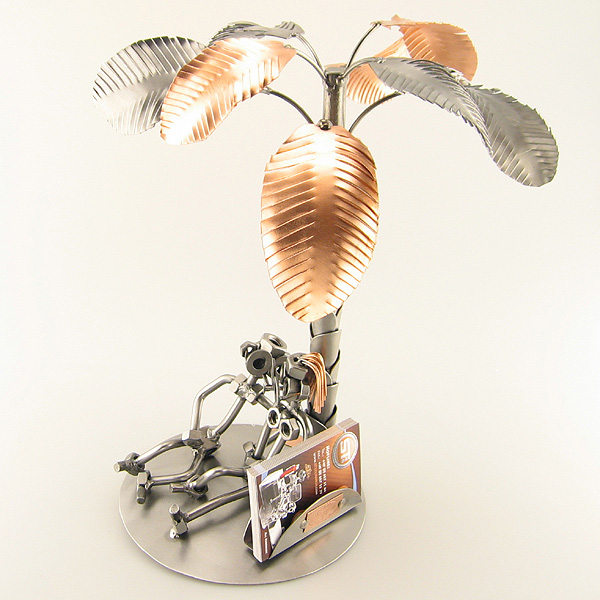 Steelman and a Steelgirl on a Sunset Beach metal art figurine with a Business Card Holder