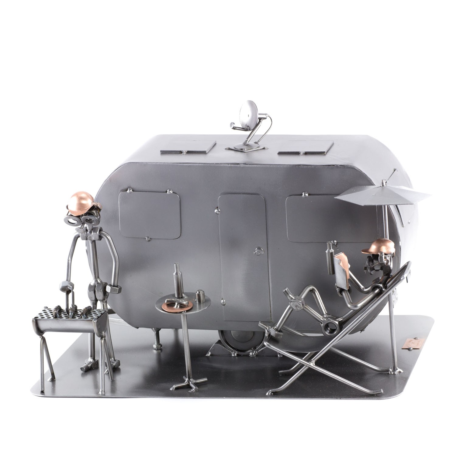 Two Steelman bbq-ing and relaxing beside an RV/Travel Trailer Camping metal art figurine