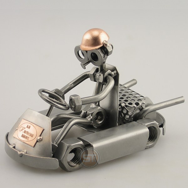 Steelman in a Go-Kart metal art figurine