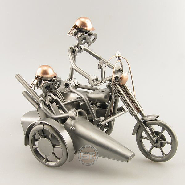 Steelman on a Chopper with Sidecar with a passenger metal art figurine