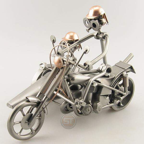 Steelman on a Chopper with Sidecar with a passenger metal art figurine