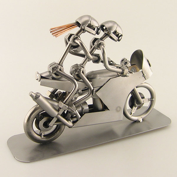 Steelman and a Steelgirl as a Racing Motorbike Duo metal art figurine