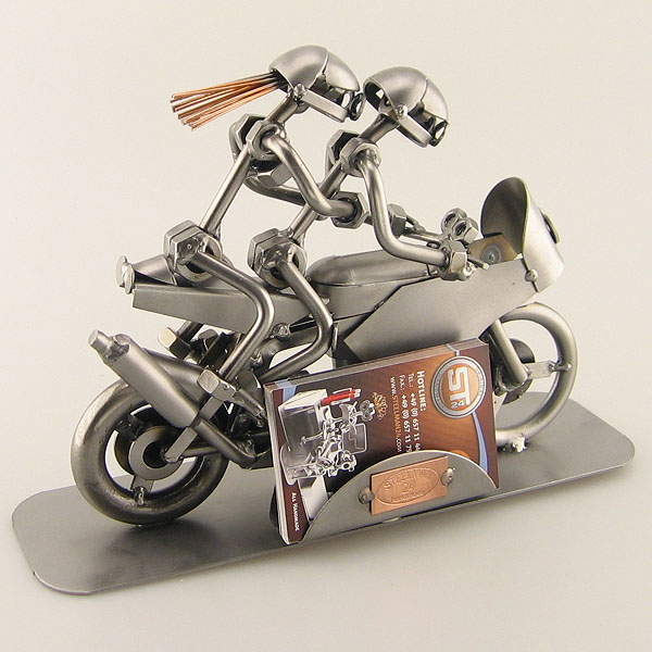 Steelman and a Steelgirl as a Racing Motorbike Duo metal art figurine with a Business Card Holder