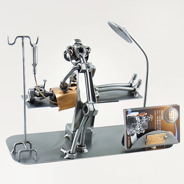 Steelman Surgeon performing a surgery on a patient metal art figurine with a Business Card Holder