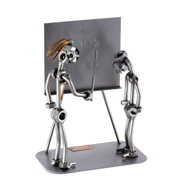 Female Steelman Teacher with a student in front of a blackboard metal art figurine