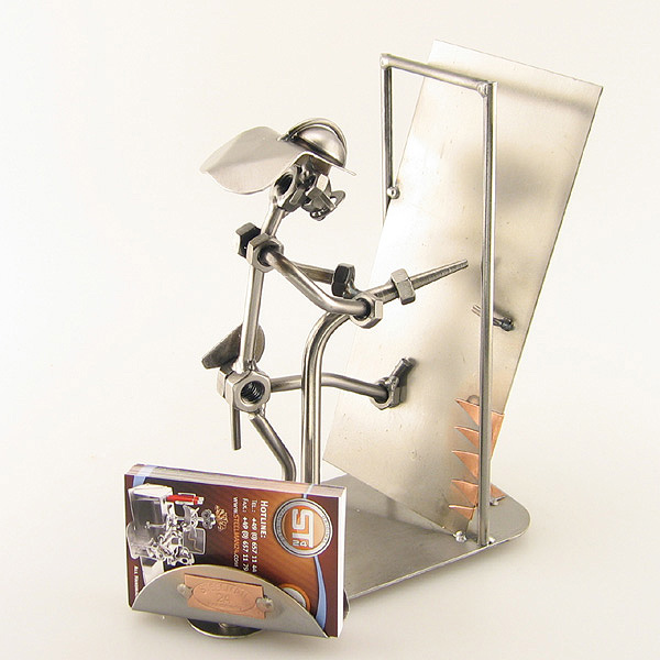 Steelman Fireman holding a hose while knocking down a door metal art figurine with a Business Card Holder