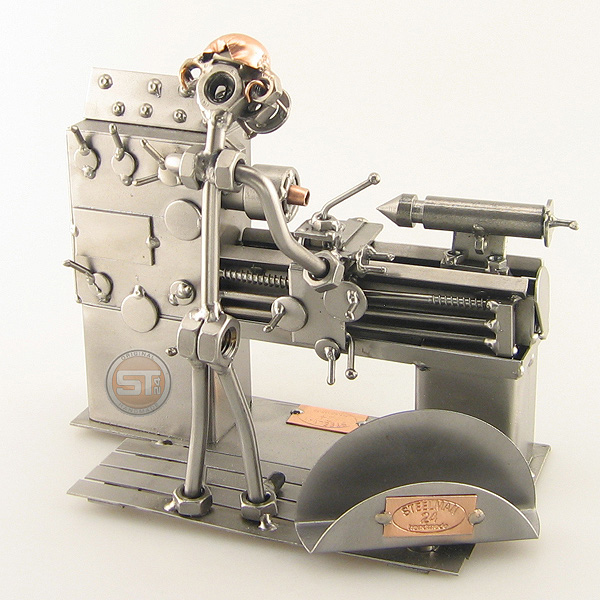 Steelman Lathe Operator metal art figurine with a Business Card Holder