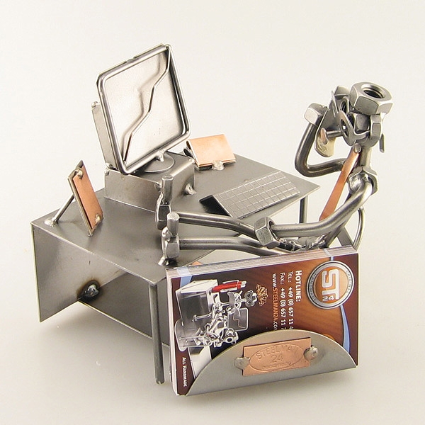 Steelman working at his computer and talking on the phone metal art figurine with a Business Card Holder
