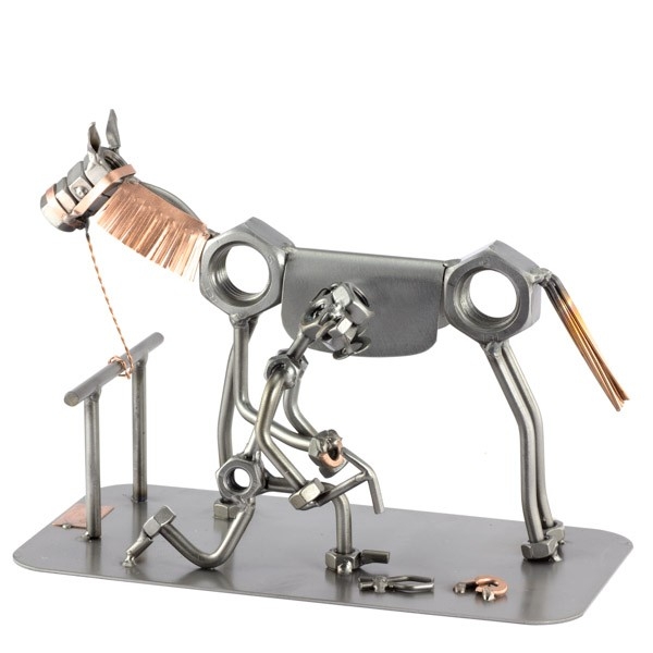 Steelman Farrier fitting a horseshoe to his horse's hoof metal art figurine