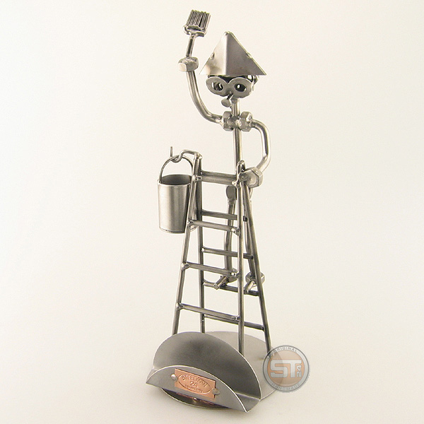 Steelman Painter on a ladder holding a paintbrush metal art figurine with Business Card Holder