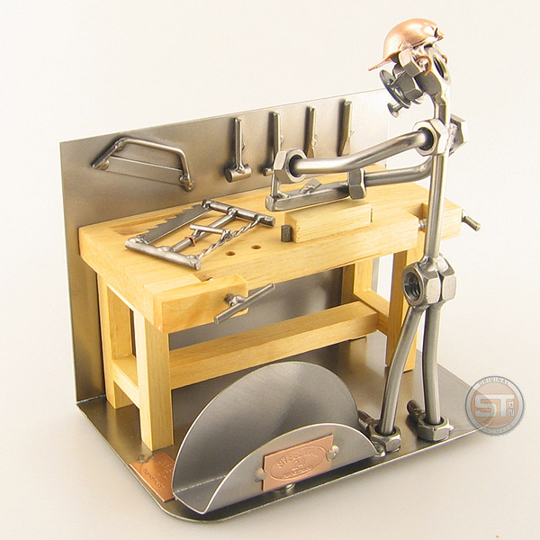 Steelman Carpenter at his workbench metal art figurine with a Business Card Holder