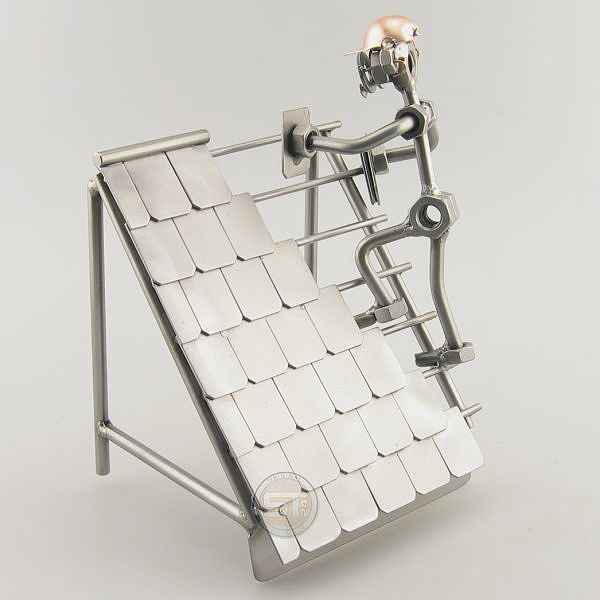 Steelman roofer is laying shingles on the roof metal art figurine