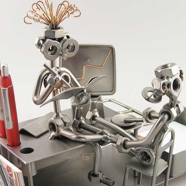 Steelman with his secretary sitting on his desk metal art figurine with a Desk Organizer