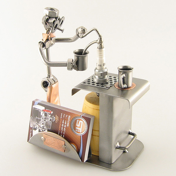 Steelman Bartender serving drinks metal art figurine with a Business Card Holder