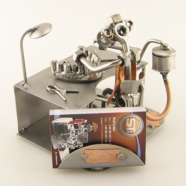 Steelman Dentist Technician making dentures in his lab metal art figurine with a Business Card Holder