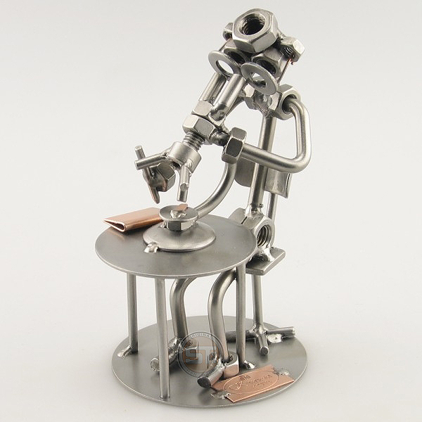 Steelman Biologist peering through the Microscope metal art figurine