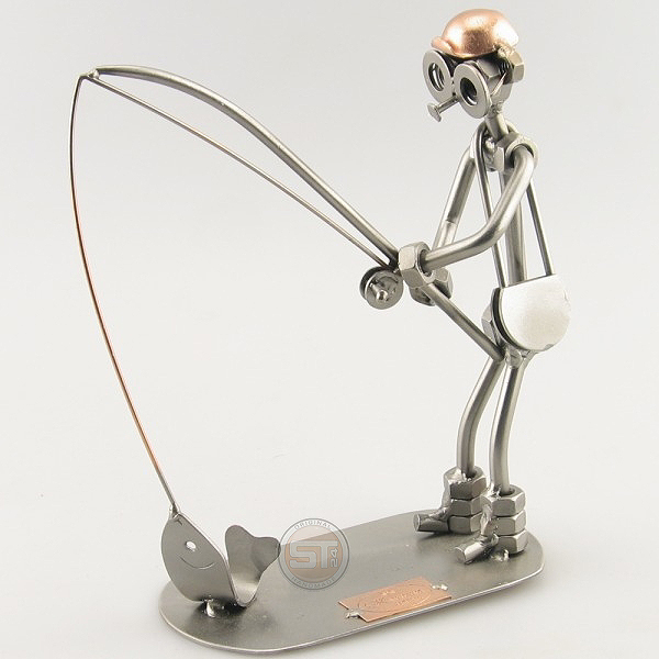 Steelman Fisherman reeling a fish metal art figurine