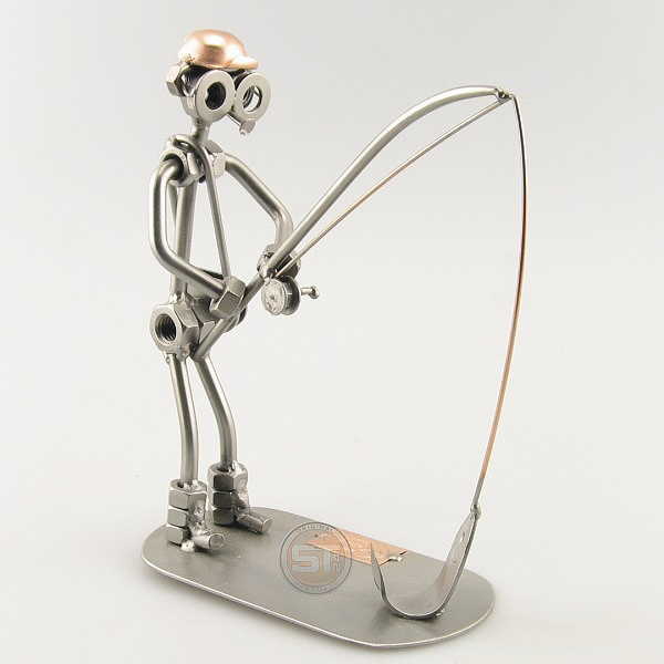 Steelman Fisherman reeling a fish metal art figurine