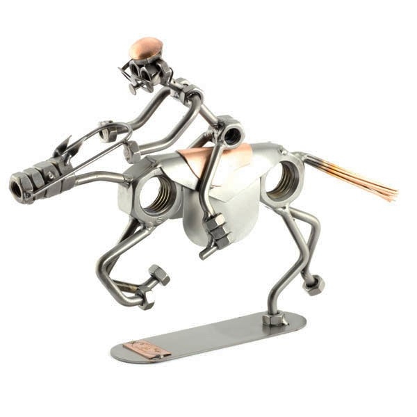 Steelman riding a galloping horse metal art statue