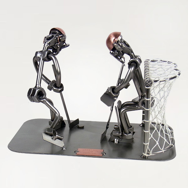 Two Steelman ice hockey players in a match metal art figurine