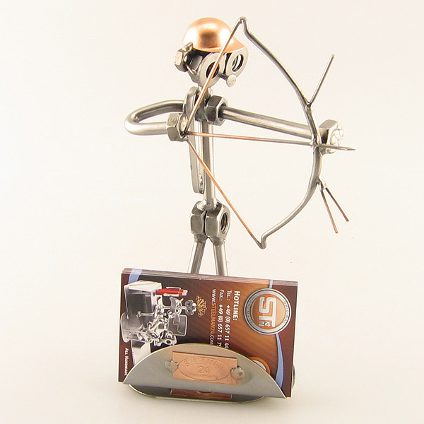 Steelman Archer holding a bow and arrow metal art figurine with Business Card Holder