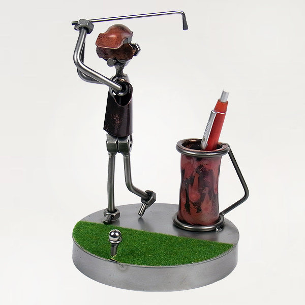 Steelman golfer metal art figurine with a Pen Holder