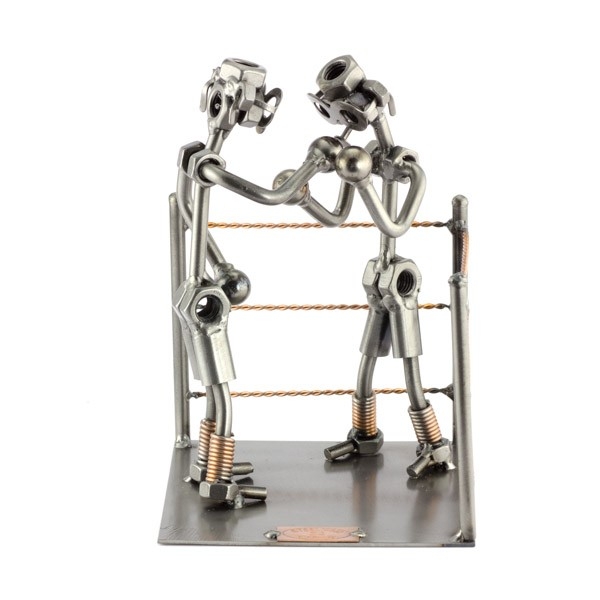 Two Steelman in a boxing match metal art figurine