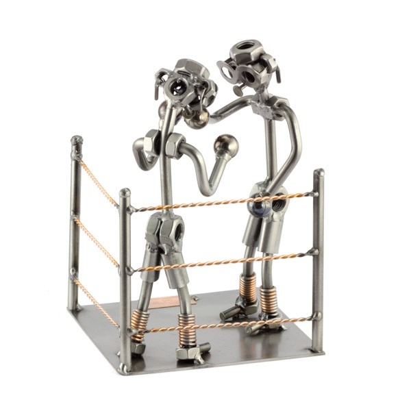 Two Steelman in a boxing match metal art figurine