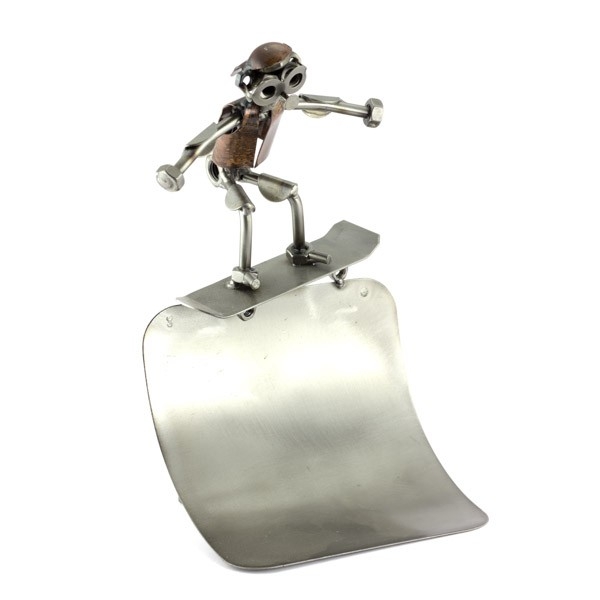 Steelman Skateboarder on top of the Half-Pipe metal art figurine