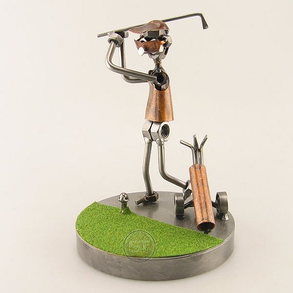 Steelman doing a Golf Drive on the Green metal art figurine