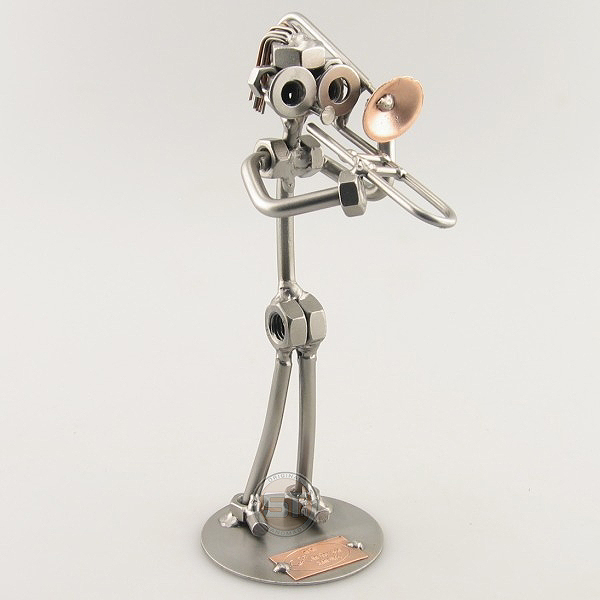 Steelman Trombonist playing his trombone metal art figurine