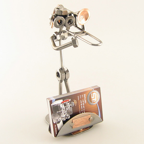 Steelman Trombonist playing his trombone metal art figurine with a Business Card Holder