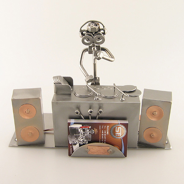 Steelman DJ on the turntables metal art figurine with a Business Card Holder