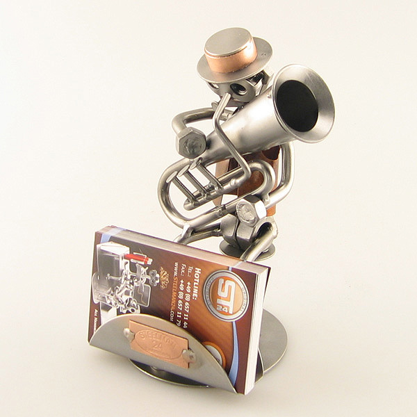 Steelman Tubist playing his tuba metal art figurine with a Business Card Holder