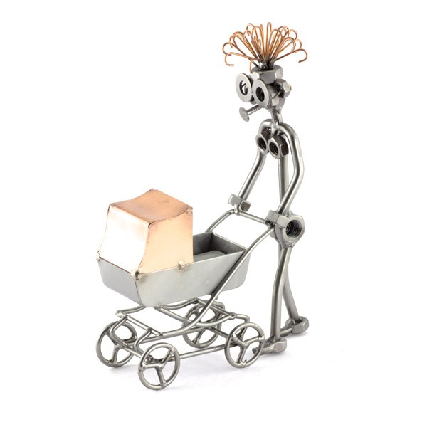 Female Steelman pushing a baby Carriage metal art figurine