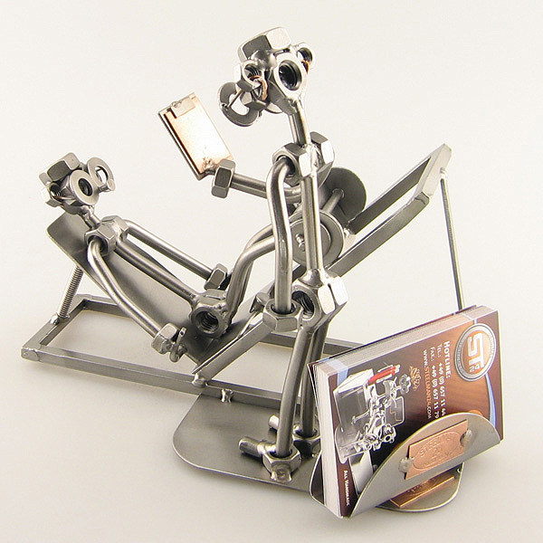 Steelman Fitness Trainer assisting a client metal art figurine with a Business Card Holder