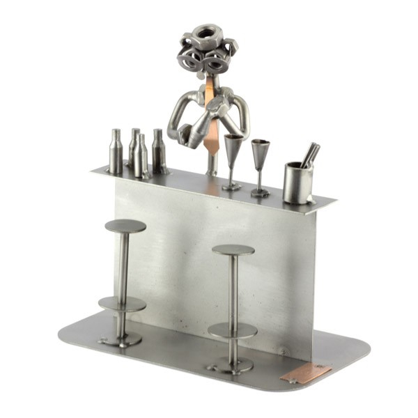 Steelman Cocktail Maker mixing a cocktail in a bar table with two bar stools metal art figurine