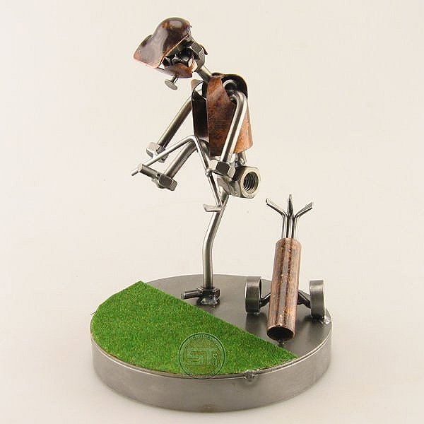 Frustrated Steelman Golfer Bending His Club on the Green metal art figurine