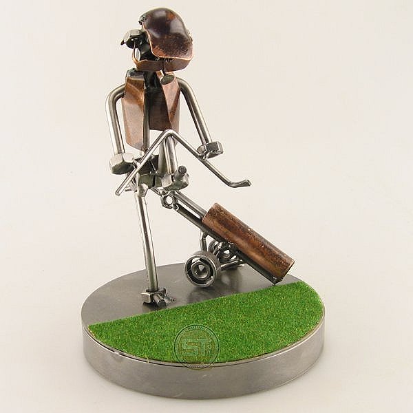 Frustrated Steelman Golfer Bending His Club on the Green metal art figurine