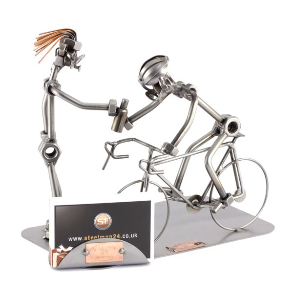 Steelman Bicycle Racing metal art figurine with a Business Card Holder