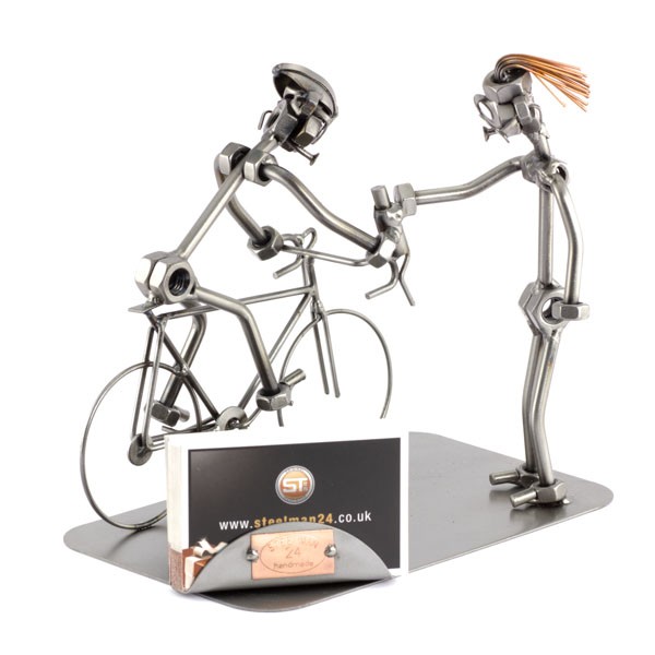 Steelman Bicycle Racing metal art figurine with a Business Card Holder