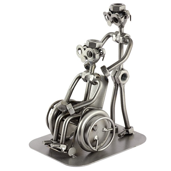 Male Steelman Nurse with a patient in a Wheelchair metal art figurine