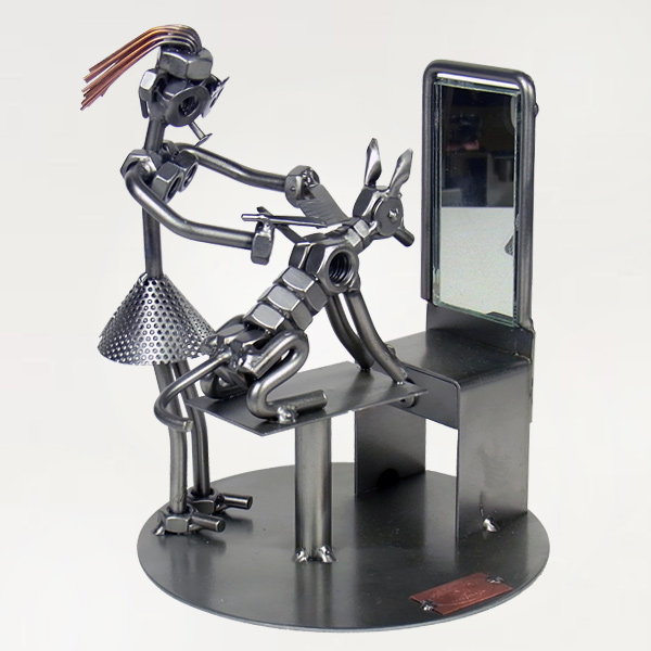 Steelgirl Pet Groomer grooming a dog metal art figurine