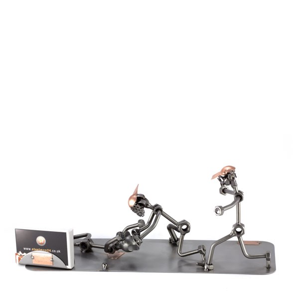 Two Steelman in Baseball Home Run metal art figurine with a Business Card Holder