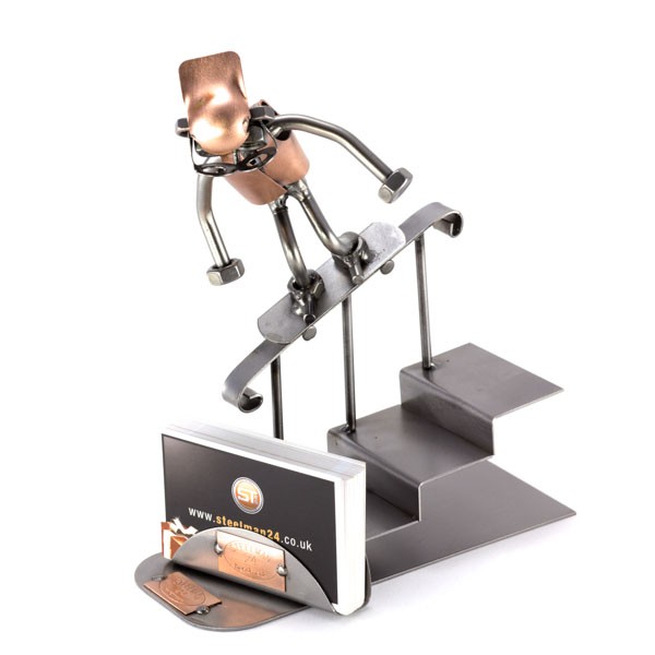 Steelman Skateboarder Grinding down a rail metal art figurine with a Business Card Holder