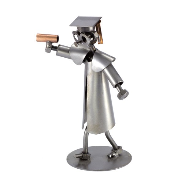 Steelman College Graduate holding his diploma metal art figurine
