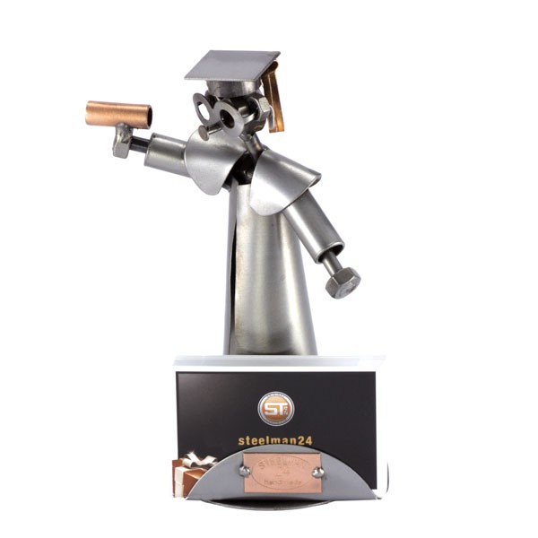Steelman College Graduate holding his diploma metal art figurine with a Business Card Holder 