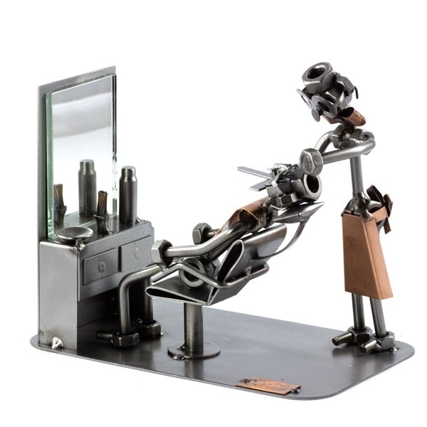 Steelman Barber shaving a customer metal art figurine