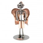 Steelman with his dog on a leash holding an umbrella metal art figurine